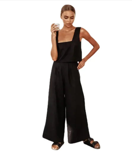 Women's French Loose Wide Leg Pants & Square Neck Vest Set - Casual Two Piece