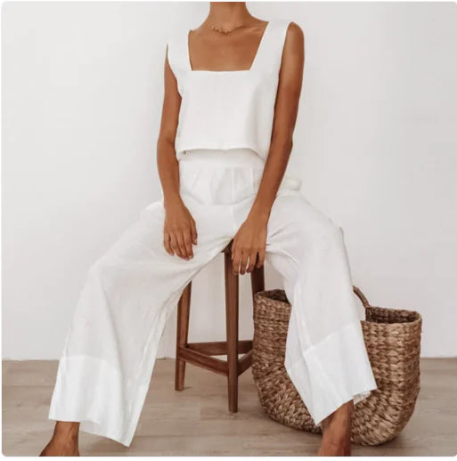 Women's French Loose Wide Leg Pants & Square Neck Vest Set - Casual Two Piece