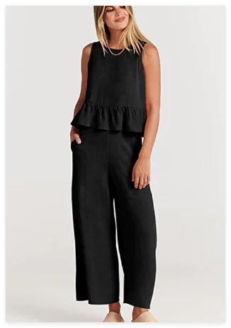Women's French Loose Wide Leg Pants & Square Neck Vest Set - Casual Two Piece