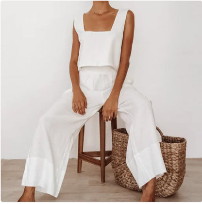 Women's French Loose Wide Leg Pants & Square Neck Vest Set - Casual Two Piece